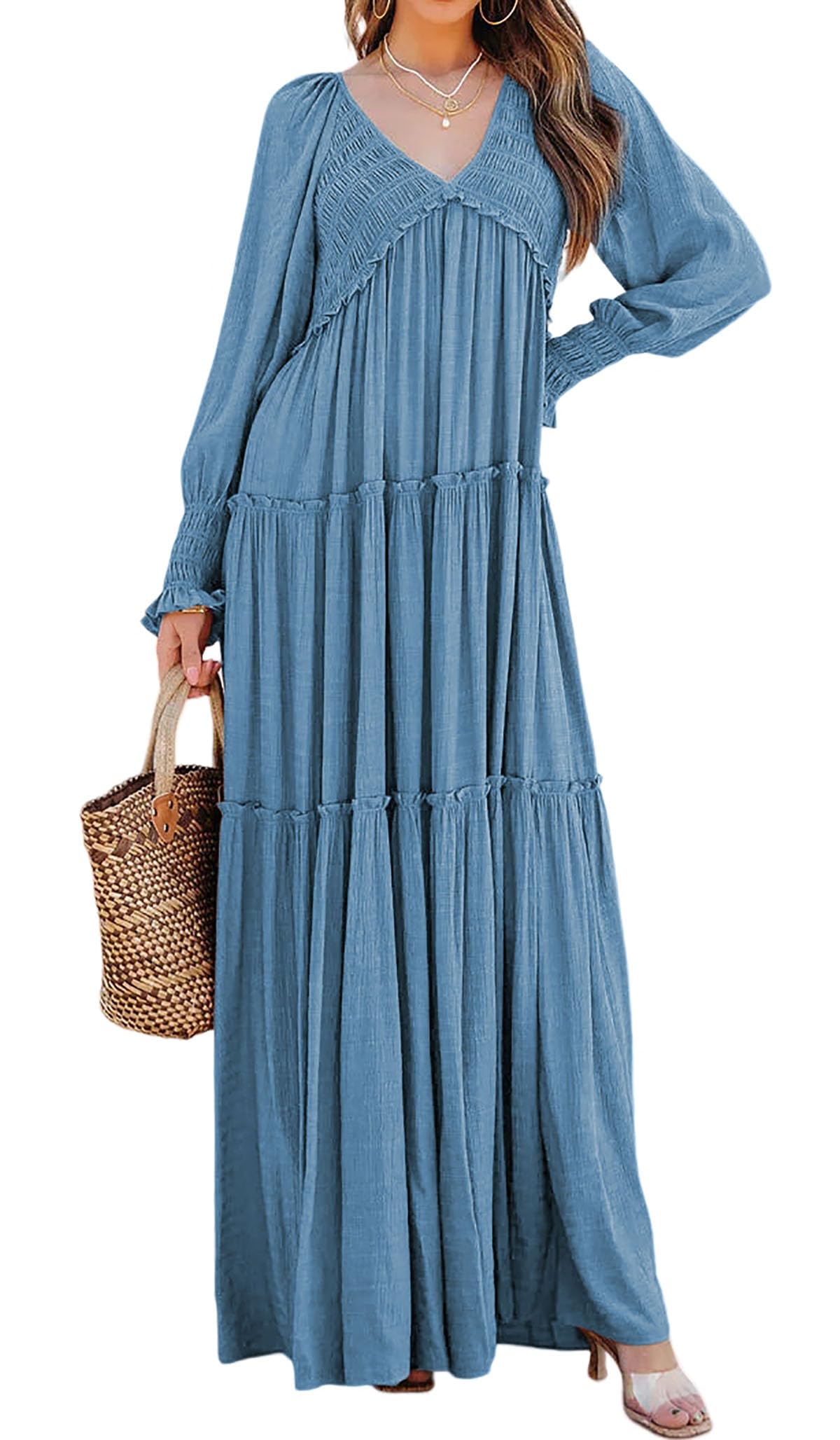 Women's Long Sleeve V Neck Boho Flowy Maxi Dresses - Image 9