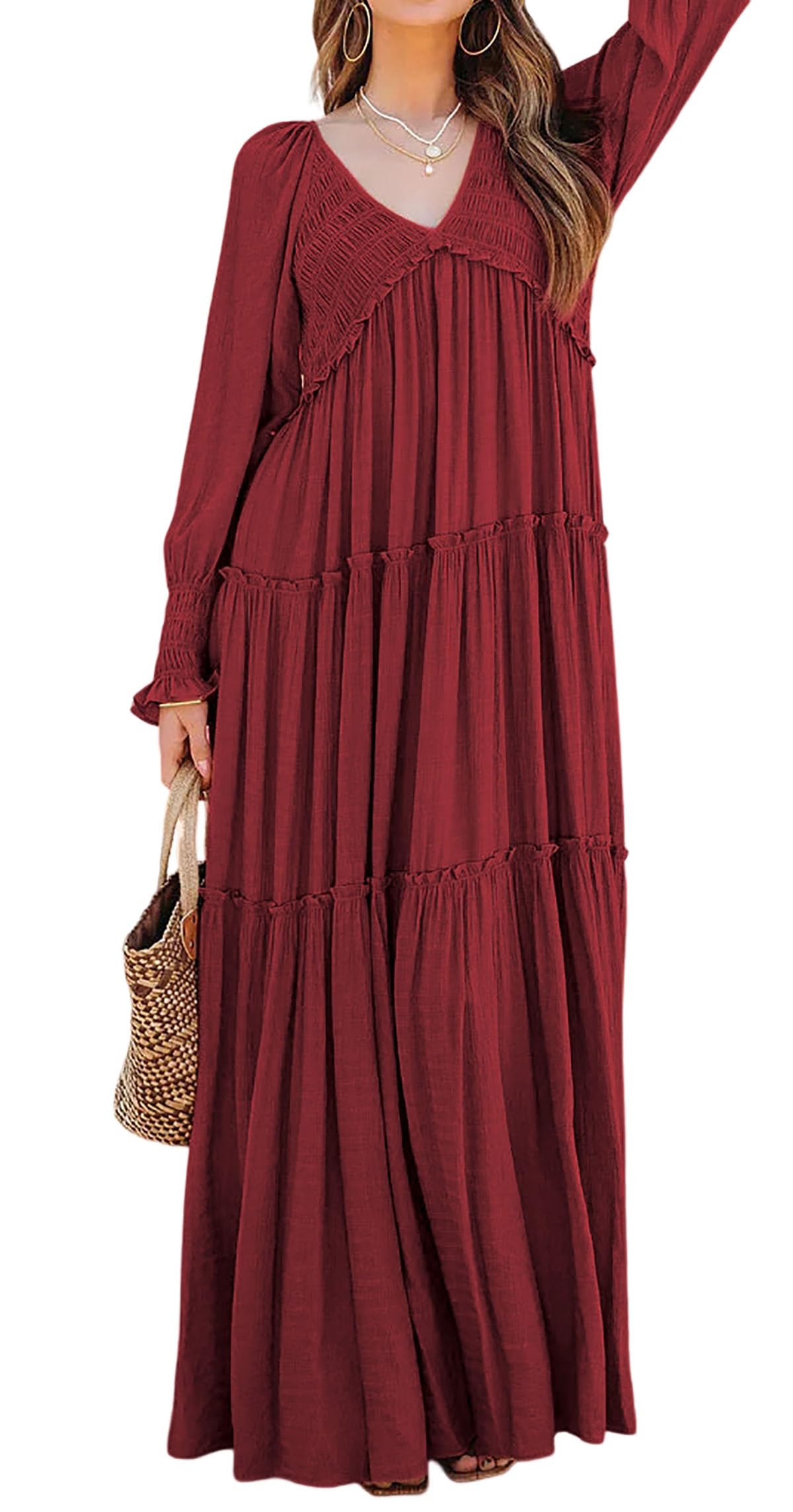 Women's Long Sleeve V Neck Boho Flowy Maxi Dresses - Image 11