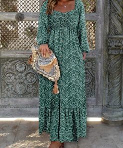 Women's Square Neck Boho Floral Maxi Dress (Buy 2 Free Shipping)