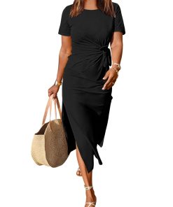 Women's Short Sleeve Crewneck Tie Waist Split Dress (Buy 2 Free Shipping)