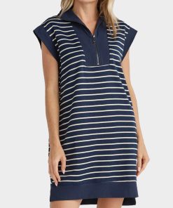 Women's Striped Knit Cap Sleeve Half-Zip Mini Dress (Buy 2 Free Shipping)