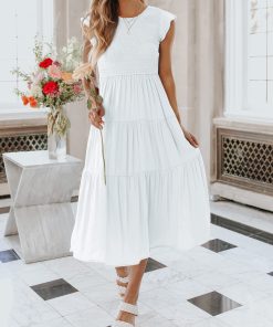 Women's Summer Casual Flutter Short Sleeve Smocked  Midi Dress (Buy 2 Free Shipping)