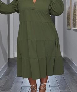 Flounced Sleeve Plus Size Turndown Collar Dress