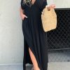 V-neck Dress With Slit And Gathered Waist (Buy 2 Free Shipping)