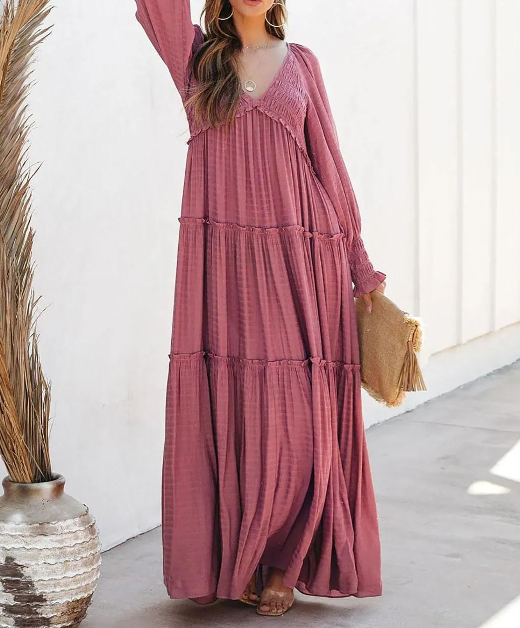 Women's Long Sleeve V Neck Boho Flowy Maxi Dresses - Image 3