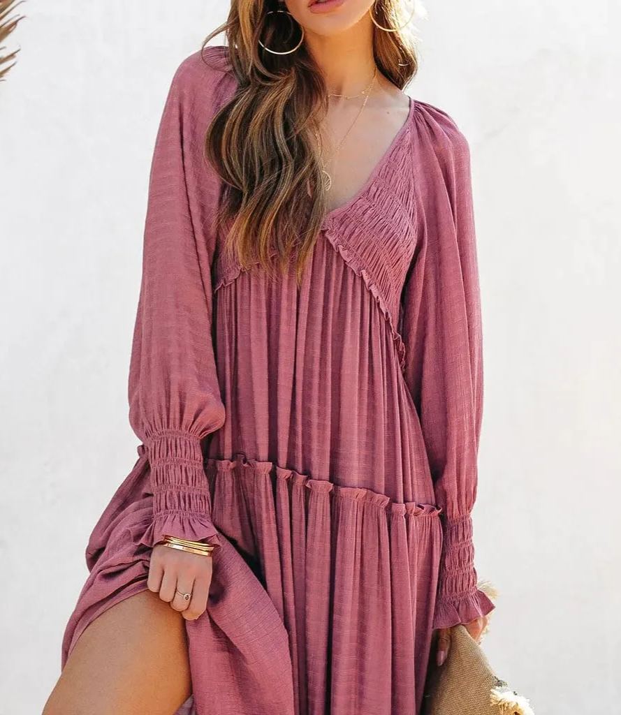 Women's Long Sleeve V Neck Boho Flowy Maxi Dresses - Image 4