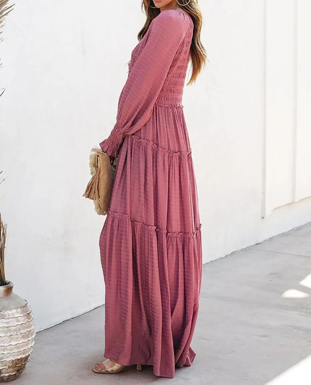 Women's Long Sleeve V Neck Boho Flowy Maxi Dresses - Image 5