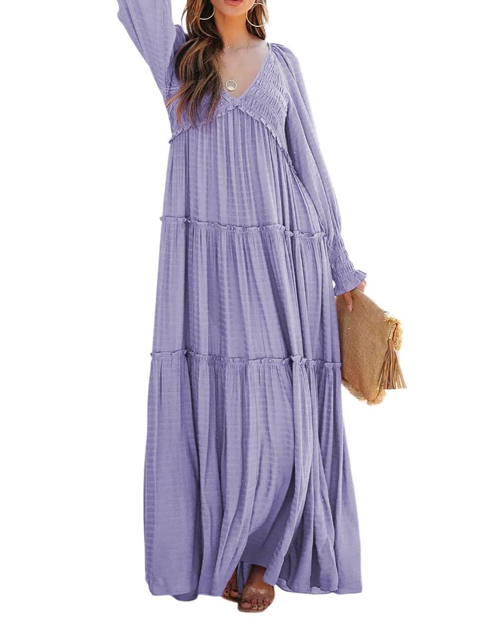 Women's Long Sleeve V Neck Boho Flowy Maxi Dresses - Image 6