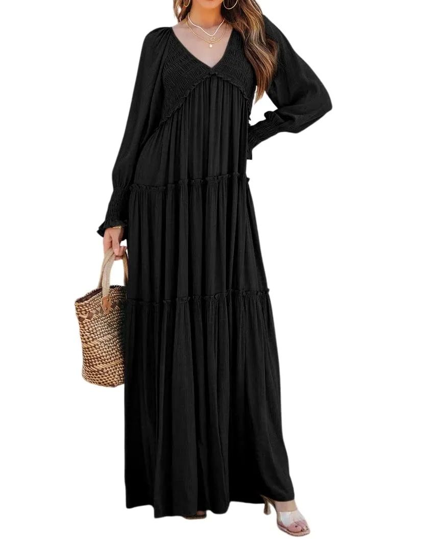 Women's Long Sleeve V Neck Boho Flowy Maxi Dresses - Image 8