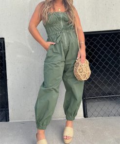 Ruched Elastic Front Zipper Cargo Jumpsuit (Buy 2 Free Shipping)