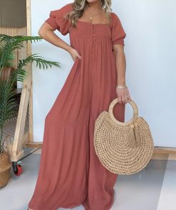 Women's Square Neckline Jumpsuit with Smocked Bodice Button (Buy 2 Free Shipping)
