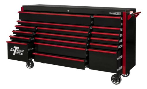 DX Series 72" 17 Drawer Deep Roller Cabinet - Black with Red Drawer Pulls - Image 2