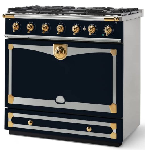 La Cornue CornuFe 90 36" Dark Navy Blue With Polished Brass Dual Fuel Range - Image 2