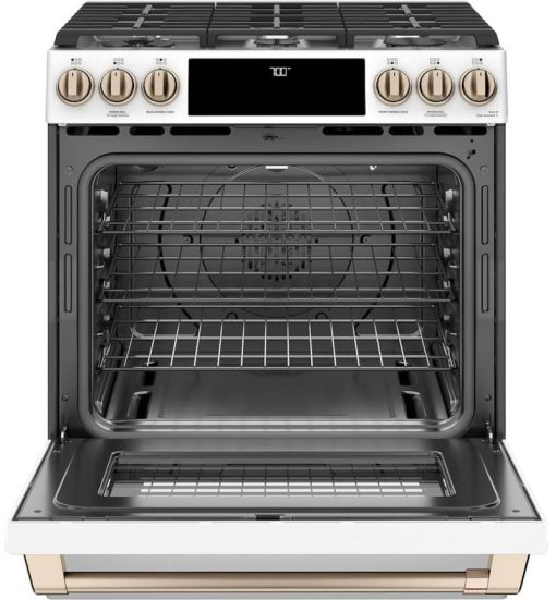 Cafe ADA 30" Matte White With Brushed Bronze Smart Slide-In Front Control Gas Convection Range - Image 2