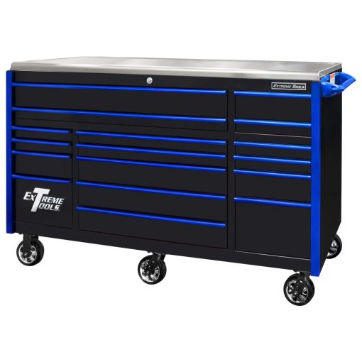 Extreme Tools 72" Black Roller Cabinet with Blue Drawer Pulls