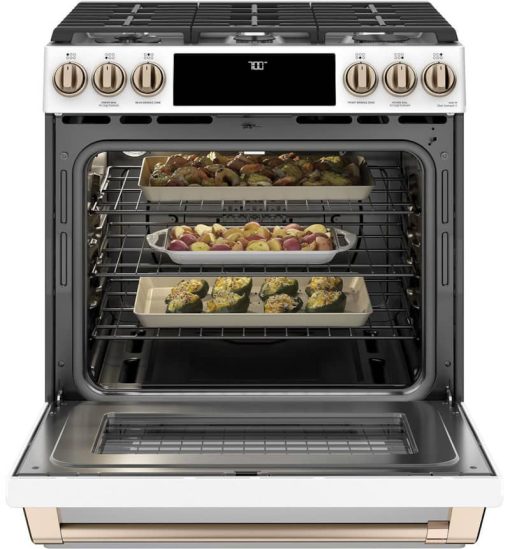 Cafe ADA 30" Matte White With Brushed Bronze Smart Slide-In Front Control Gas Convection Range - Image 3