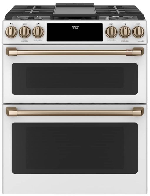 Cafe ADA 30" Matte White With Brushed Bronze Smart Slide-In Front Control Dual-Fuel Double-Oven Range With Convection - Image 4