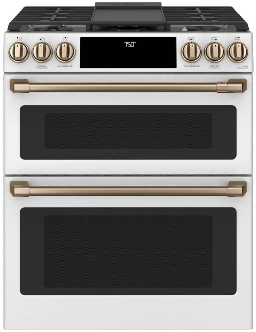 Cafe ADA 30" Matte White With Brushed Bronze Smart Slide-In Double Oven Gas Range With Convection - Image 4
