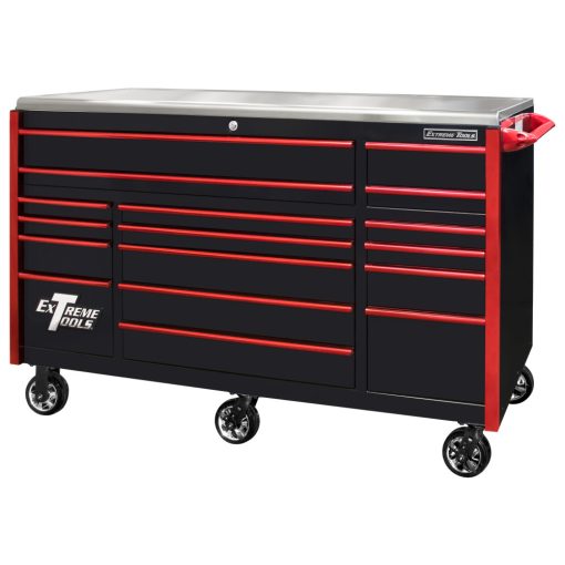 Extreme Tools 72" Black Roller Cabinet with Red Drawer Pulls