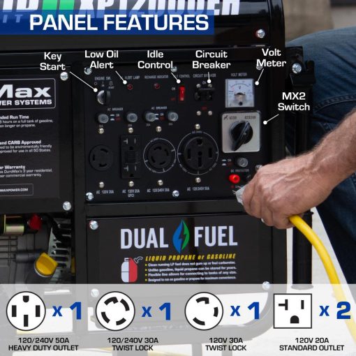 XP12000EH Dual Fuel Portable Generator - 12000 Watt Gas or Propane Powered-Electric Start- Home Back Up and RV Ready, 50 State Approved - Image 4