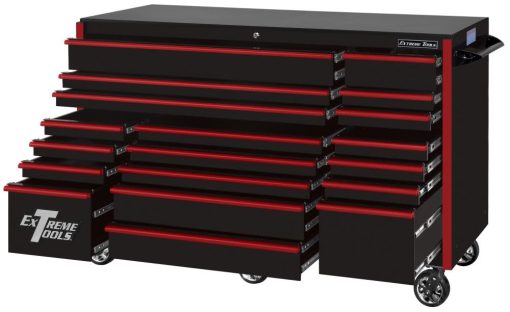 RX Series 72" x 30" 19 Drawer Roller Cabinet, Black with Red Drawer Pulls - Image 2
