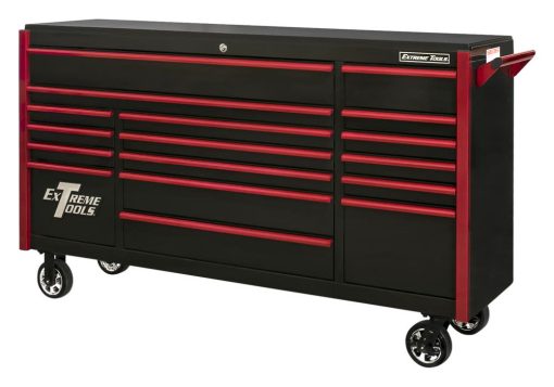 DX Series 72" 17 Drawer Deep Roller Cabinet - Black with Red Drawer Pulls