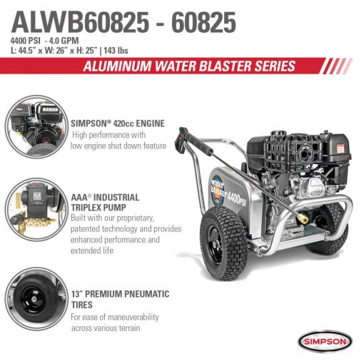 Aluminum Water Blaster 4400 PSI at 4.0 GPM SIMPSON 420 with AAA Triplex Plunger Pump Cold Water Professional Belt Drive Gas Pressure Washer (49-State) - Image 8