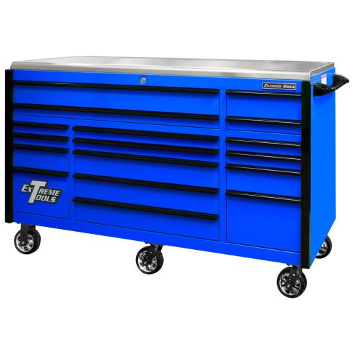 Extreme Tools 72" Blue Roller Cabinet with Black Drawer Pulls