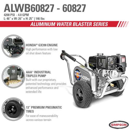 Aluminum Water Blaster 4200 PSI at 4.0 GPM HONDA GX390 with AAA Triplex Plunger Pump Cold Water Professional Belt Drive Gas Pressure Washer (49-State) - Image 6