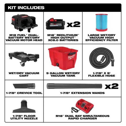 Milwaukee M18 FUEL Vacuum Kit 9 Gallon 36V Wet/Dry - Image 2