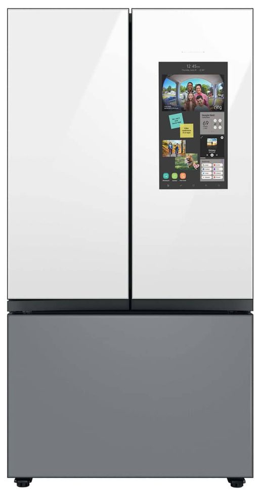 Samsung 24 Cu. Ft. White Glass Top And Family Hub Panels With Matte Gray Glass Bottom Panel BESPOKE Counter-Depth 3-Door French Door Refrigerator