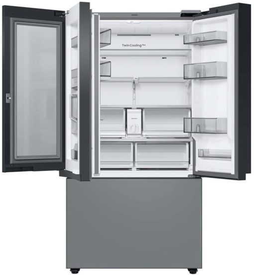 Samsung 24 Cu. Ft. White Glass Top And Family Hub Panels With Matte Gray Glass Bottom Panel BESPOKE Counter-Depth 3-Door French Door Refrigerator - Image 3