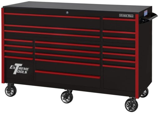 RX Series 72" x 30" 19 Drawer Roller Cabinet, Black with Red Drawer Pulls