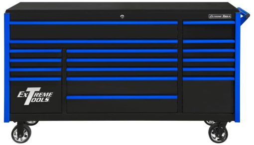 DX Series 72" 17 Drawer Deep Roller Cabinet with Black with Blue Drawer Pulls