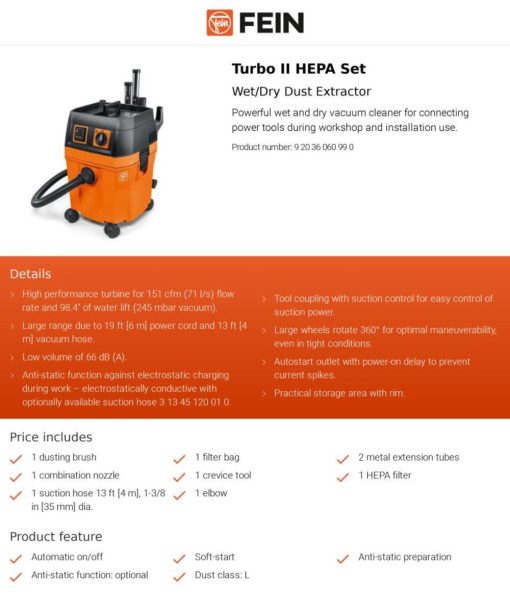 FEIN Turbo II HEPA Vacuum/Dust Extractor Set - Image 4