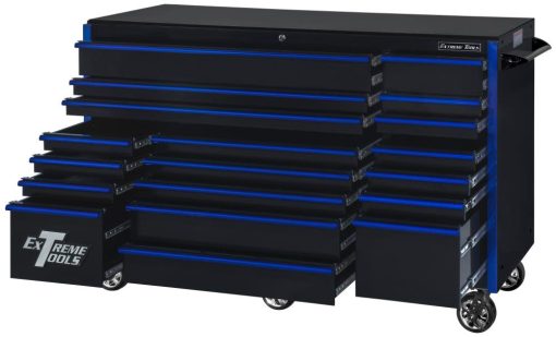 RX Series 72" x 30" 19 Drawer Roller Cabinet, Black with Blue Drawer Pulls - Image 2