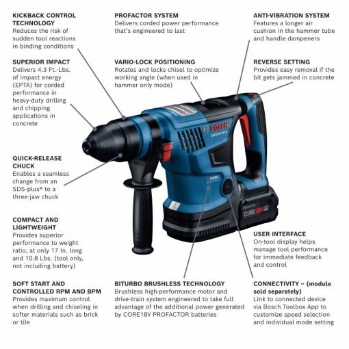 Bosch PROFACTOR 18V Bulldog 1 1/4" Rotary Hammer Kit Connected Ready SDS plus with 2 CORE18V 8Ah PROFACTOR Performance Batteries - Image 3
