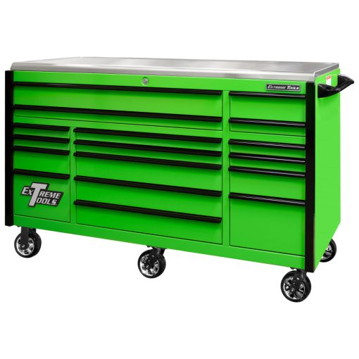 Extreme Tools 72" Green Roller Cabinet with Black Drawer Pulls