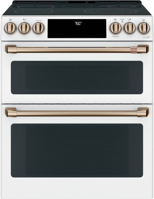 Cafe ADA 30" Matte White With Brushed Bronze Smart Front-Control Radiant And Convection Double-Oven Slide-In Electric Range
