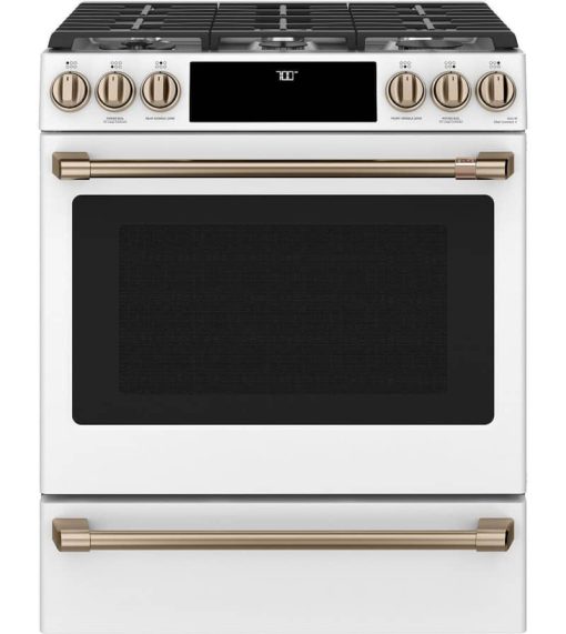 Cafe ADA 30" Matte White With Brushed Bronze Smart Slide-In Front Control Gas Convection Range