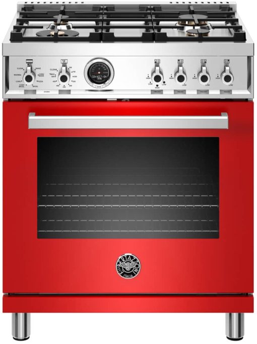 Bertazzoni Professional Series 30" Red Dual Fuel Range, 4 Burners, Electric-Self Clean Oven