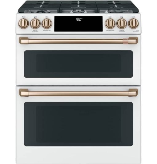 Cafe ADA 30" Matte White With Brushed Bronze Smart Slide-In Front Control Dual-Fuel Double-Oven Range With Convection