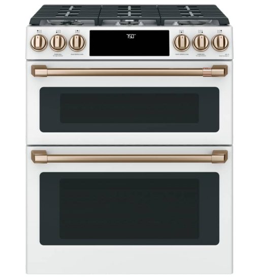 Cafe ADA 30" Matte White With Brushed Bronze Smart Slide-In Double Oven Gas Range With Convection