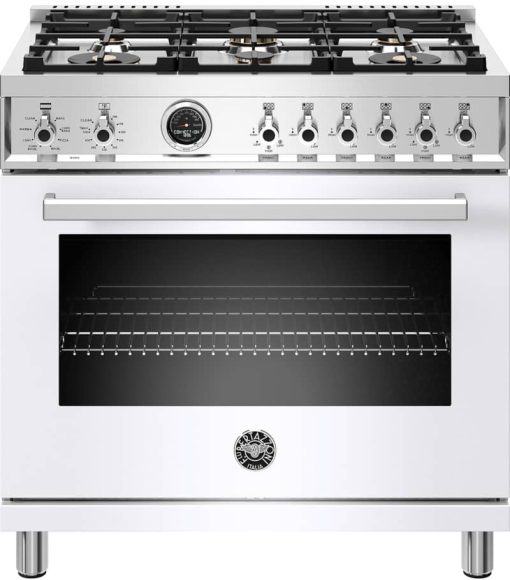 Bertazzoni Professional Series 36" White Dual Fuel Range, 6 Brass Burners, Electric Self-Clean Oven