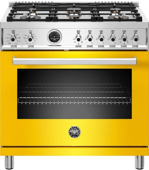 Bertazzoni Professional Series 36" Yellow Dual Fuel Range, 6 Brass Burners, Electric Self-Clean Oven