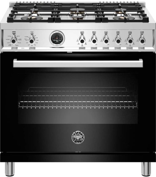 Bertazzoni Professional Series 36" Black Dual Fuel Range, 6 Brass Burners, Electric Self-Clean Oven