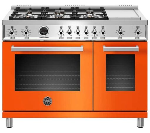 Bertazzoni Professional Series 48" Orange Dual Fuel Range, 6 Brass Burners & Griddle, Electric Self Clean Oven