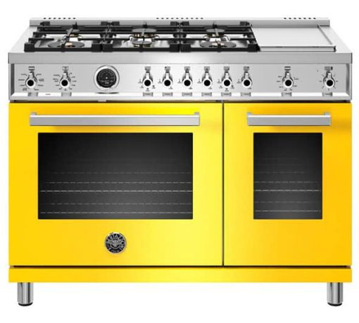 Bertazzoni Professional Series 48" Yellow Dual Fuel Range, 6 Brass Burners & Griddle, Electric Self Clean Oven