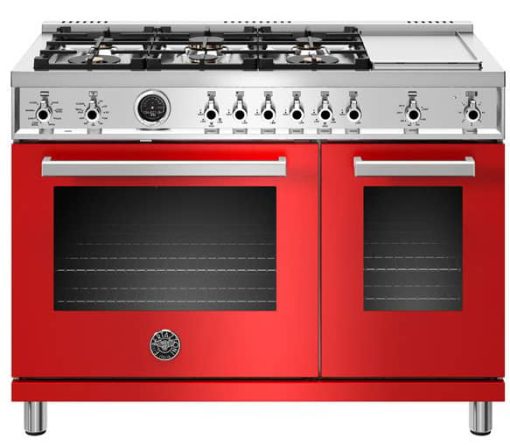 Bertazzoni Professional Series 48" Red Dual Fuel Range, 6 Brass Burners & Griddle, Electric Self Clean Oven