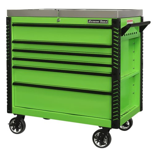 41" 6 Drawer Stainless Steel Sliding Top Deluxe Tool Cart with Bumpers, Green with Black Drawer Pulls